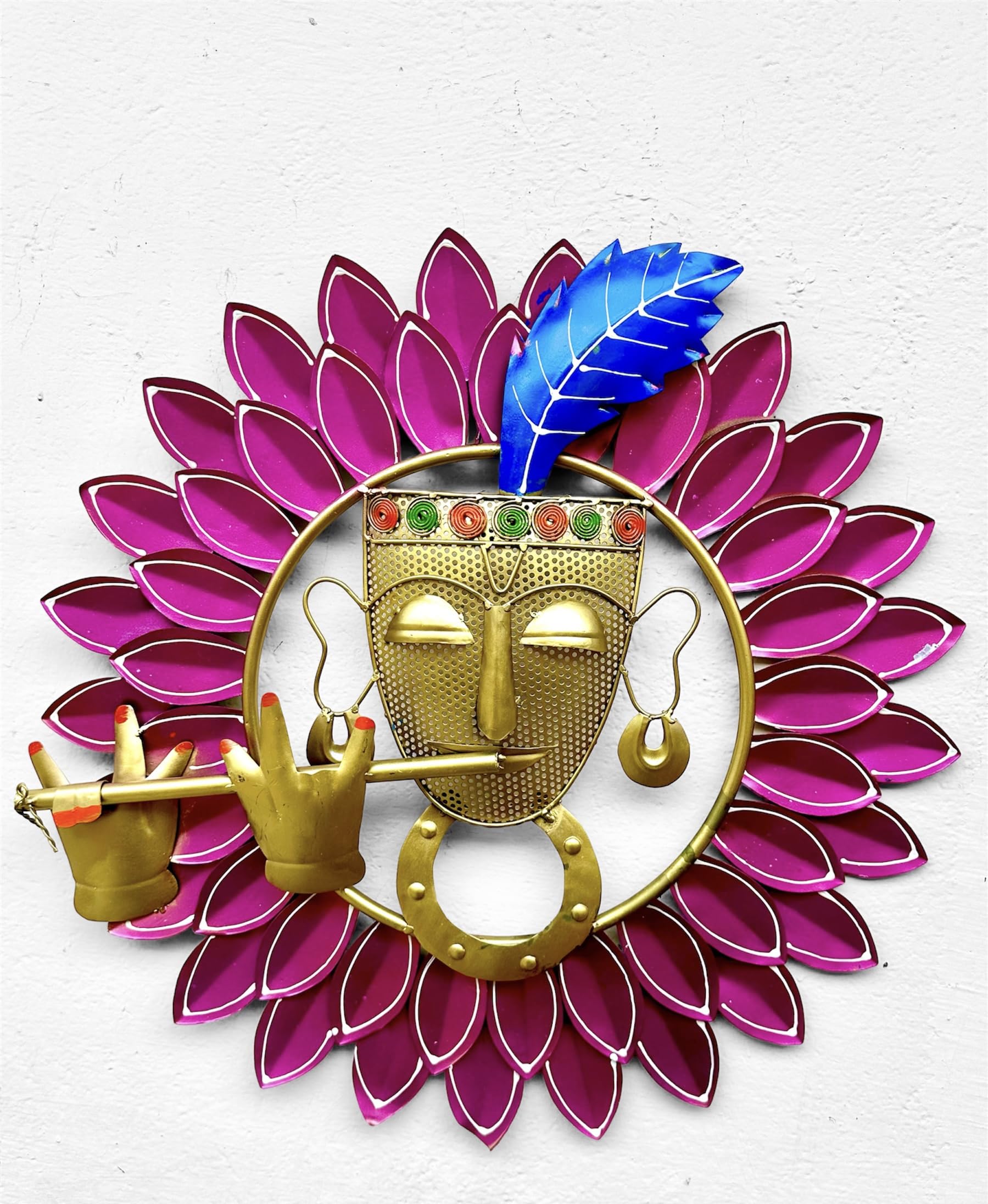 RSN Antique Metal Krishna Playing Basuri Wall Art Frame, Wall Hangings for Home Decoration, Scenery Showpiece Wall Sculpture for